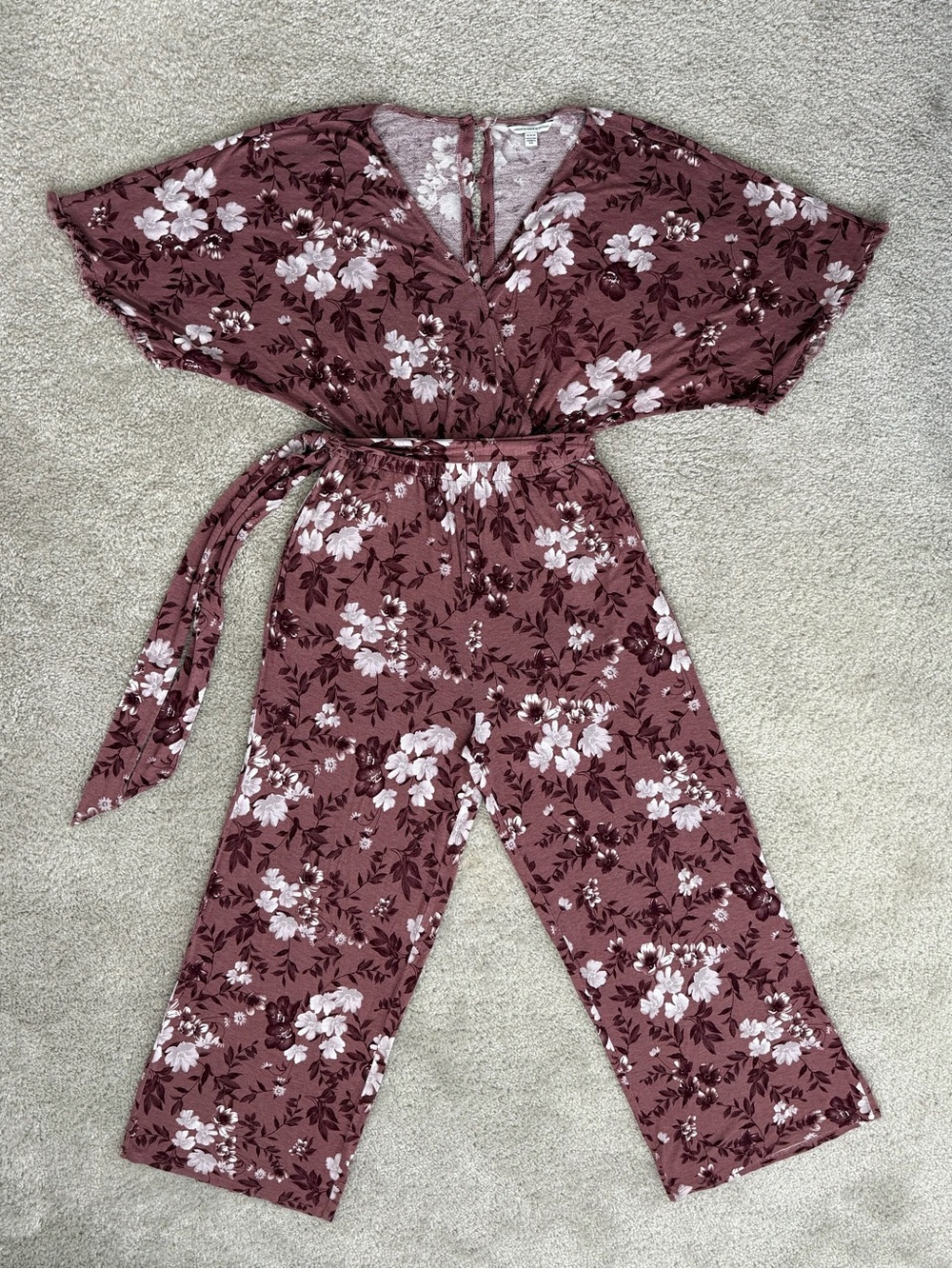 American Eagle Floral Wide Leg Jumpsuit Size M Mauve Purple Faux Wrap Boho